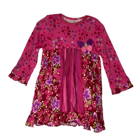 Baby Lulu Dress Girls‎ 2T Pink Floral Stripe Butterfly Ruffle Mixed Media Artsy - Picture 1 of 6